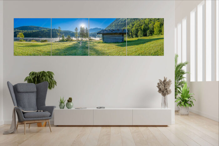 Ein Morgen am Ferchensee | 4er Split, Größe ca. 280x70cm, Seitenverhältnis 4:1