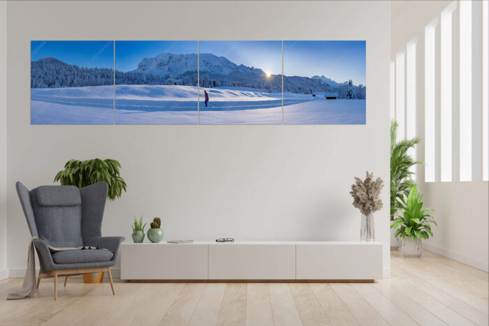 Langlauf in Märchenhafter Schneelandschaft | 4er Split, Größe ca. 280x70cm, Seitenverhältnis 4:1