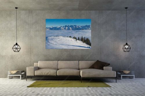 Eine Winterwanderung am Simetsberg über Wolkenmeer mit Karwendel - auf der Sonnenseite - Größe ca. 180x120cm, Seitenverhältnis 3:2 - Simetsberg mit Karwendel - weitere Infos unter https://www.kriner-weiermann.de