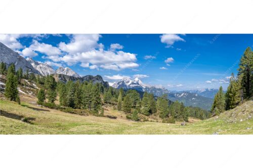 Großer Zirbenbestand auf der Wettersteinnordseite mit Blick aufs Zugspitzmassiv - Die Farben deines Himmels - Seitenverhältnis 2,5:1 - Frühling im Wettersteingebirge - weitere Infos unter https://www.kriner-weiermann.de