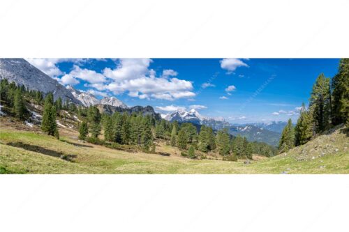 Großer Zirbenbestand auf der Wettersteinnordseite mit Blick aufs Zugspitzmassiv - Die Farben deines Himmels - Seitenverhältnis 3:1 - Frühling im Wettersteingebirge - weitere Infos unter https://www.kriner-weiermann.de