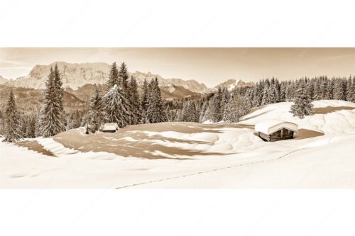 Blick über Winterlandschaft und Wiesmahdstadel zum Wettersteingebirge - Fährte - Seitenverhältnis 2,5:1 - Viel Schnee am Stadel mit Wetterstein - weitere Infos unter https://www.kriner-weiermann.de