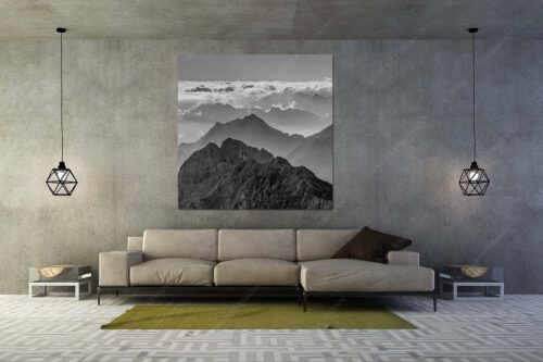 Blick von der Zugspitze über Jubiläumsgrat nach Osten in das Karwendelgebirge - Fernweh - Größe ca. 160x160cm, Seitenverhältnis 1:1 - Zugspitzpanorama - weitere Infos unter https://www.kriner-weiermann.de