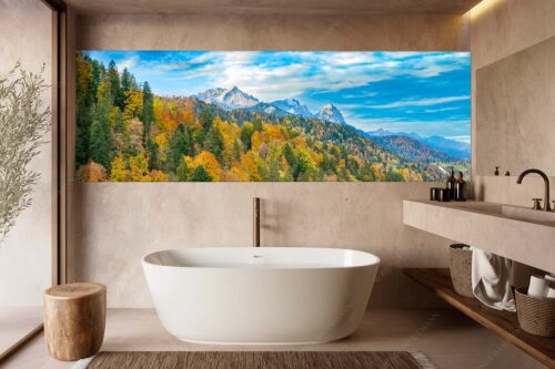 Blick über Herbstwald zum Zugspitzmassiv im Wettersteingebirge - Indian Summer Dahoam - Größe ca. 300x100cm, Seitenverhältnis 3:1 - Herbstfärbung mit Alpspitze Zugspitze und Waxenstein - weitere Infos unter https://www.kriner-weiermann.de