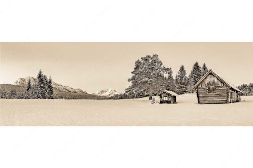 Adventliche Stimmung an Wiesmahdhütterl mit Blick auf Zugspitzmassiv - Staade Zeit II - Seitenverhältnis 3:1 - Christbaum an Hütte mit Wetterstein - weitere Infos unter https://www.kriner-weiermann.de