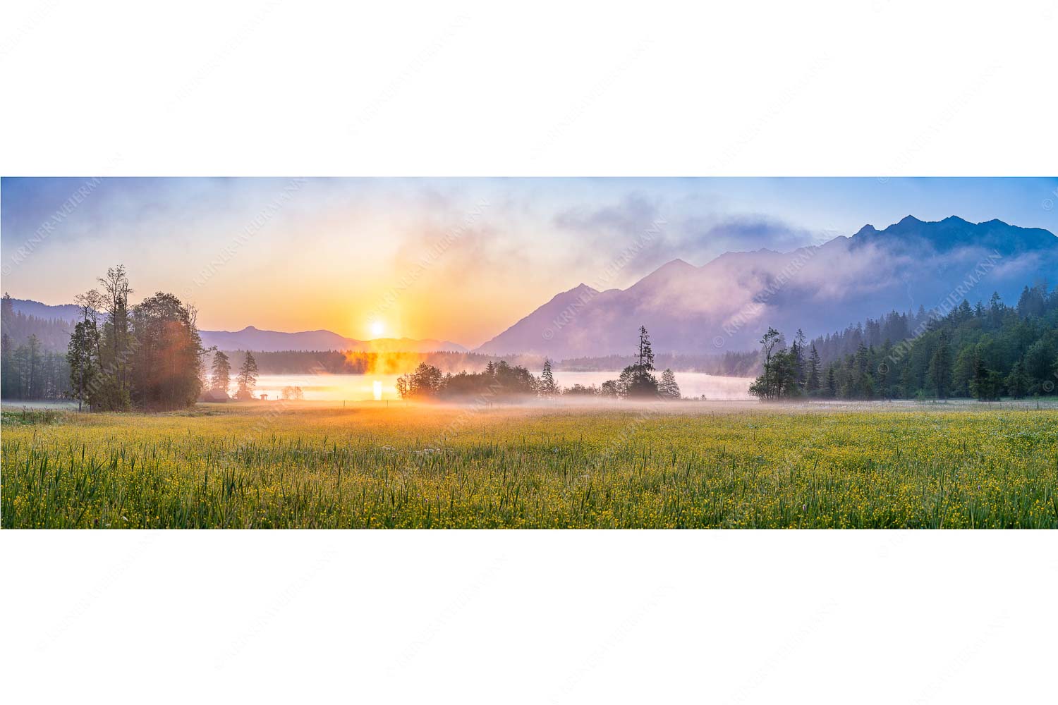 Blick über den Barmsee in den Sonnenaufgang - Sommermorgen - Seitenverhältnis 3:1 - Barmsee Blumenwiese Sonnenaufgang - weitere Infos unter https://www.kriner-weiermann.de