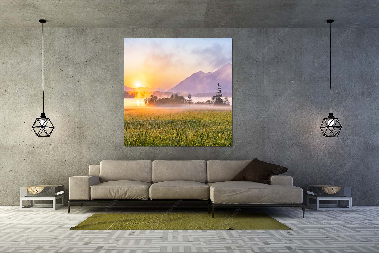 Blick über den Barmsee in den Sonnenaufgang - Sommermorgen - Größe ca. 160x160cm, Seitenverhältnis 1:1 - Barmsee Blumenwiese Sonnenaufgang - weitere Infos unter https://www.kriner-weiermann.de