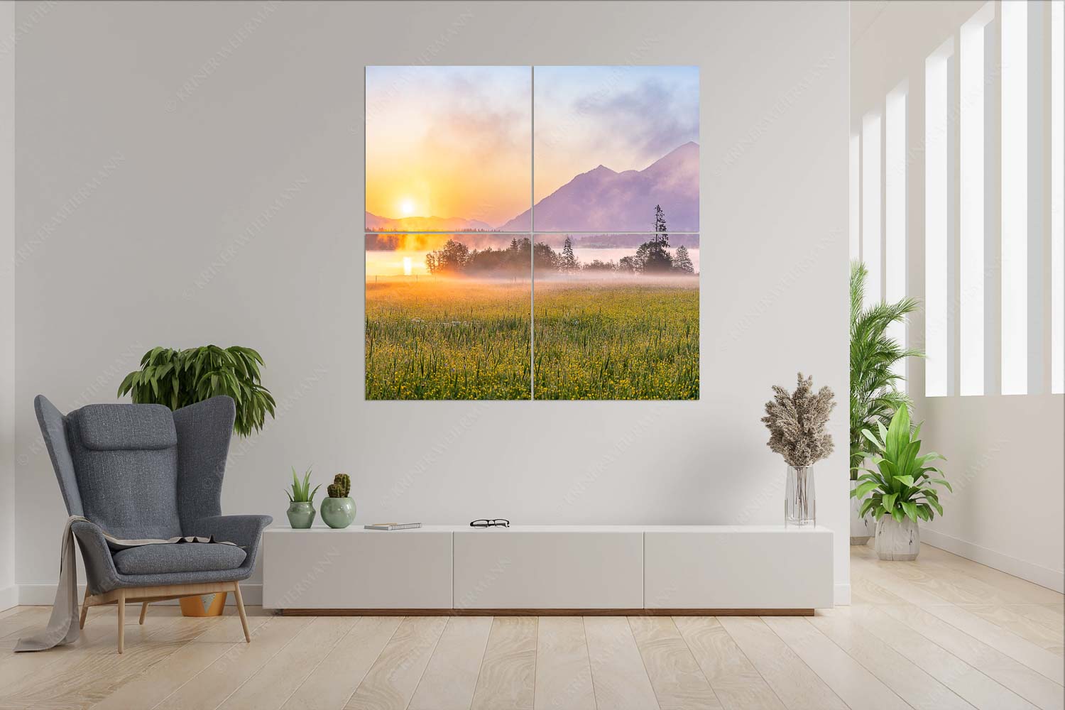 Blick über den Barmsee in den Sonnenaufgang - Sommermorgen - 4er Split, Größe ca. 180x180cm, Seitenverhältnis 1:1 - Barmsee Blumenwiese Sonnenaufgang - weitere Infos unter https://www.kriner-weiermann.de