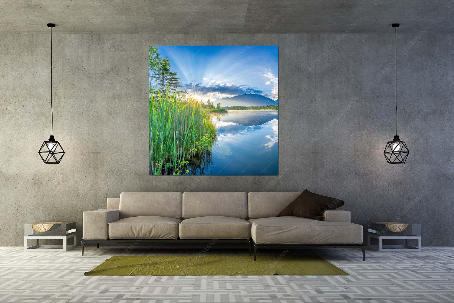 Sonnenaufgang am Barmsee mit Blick zum Karwendel und Wettersteingebirge - Utopia II - Größe ca. 160x160cm, Seitenverhältnis 1:1 - Sonnenaufgang am Barmsee - weitere Infos unter https://www.kriner-weiermann.de