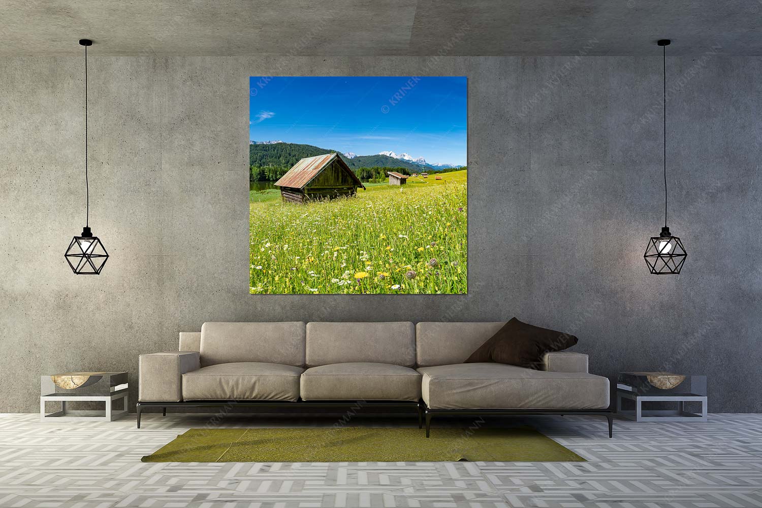 Blick über Blumenwiese am Geroldsee zum Zugspitzmassiv im Wetterstein - Wiesmahd am Geroldsee II - Größe ca. 160x160cm, Seitenverhältnis 1:1 - Blumenwiese mit Zugspitze - weitere Infos unter https://www.kriner-weiermann.de