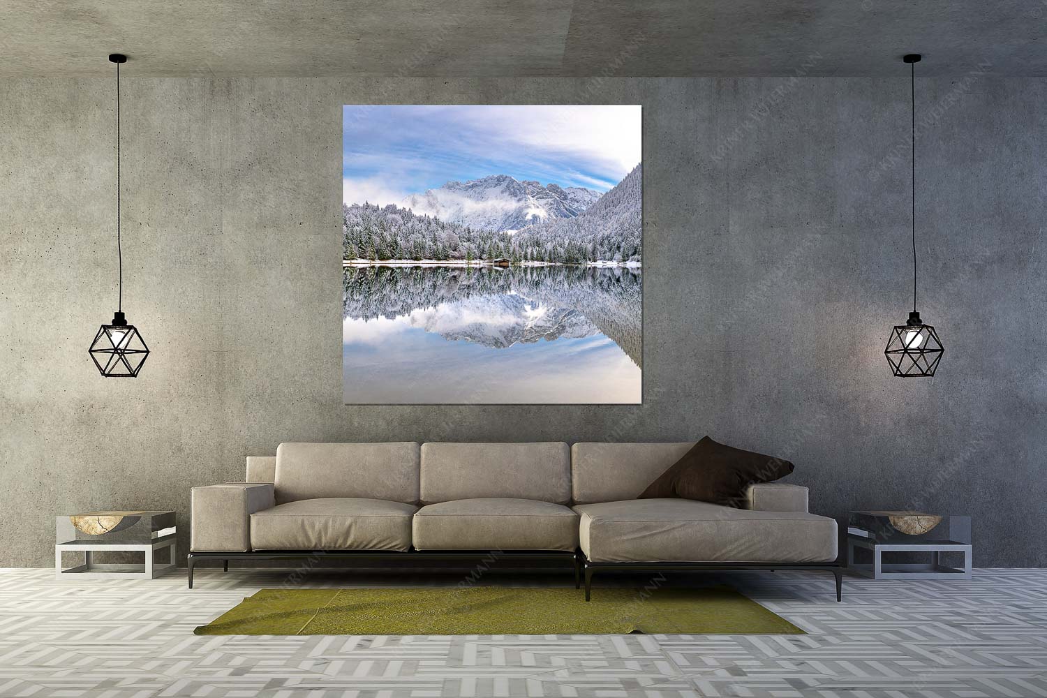 Das Karwendelgebirge spiegelt sich im Ferchensee - Zuckerspiegel - Größe ca. 160x160cm, Seitenverhältnis 1:1 - Ferchensee und Karwendel - weitere Infos unter https://www.kriner-weiermann.de