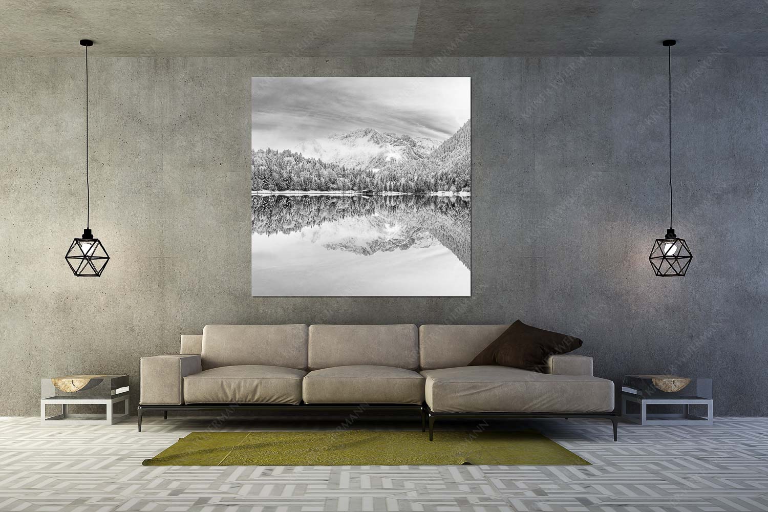 Das Karwendelgebirge spiegelt sich im Ferchensee - Zuckerspiegel - Größe ca. 160x160cm, Seitenverhältnis 1:1 - Ferchensee und Karwendel - weitere Infos unter https://www.kriner-weiermann.de